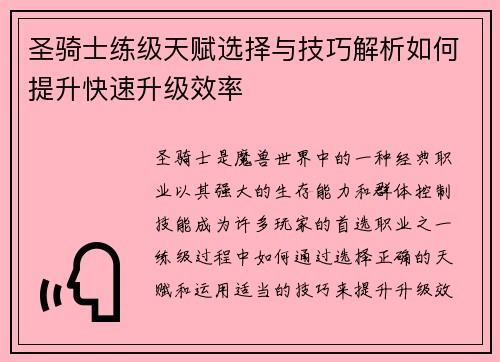 圣骑士练级天赋选择与技巧解析如何提升快速升级效率